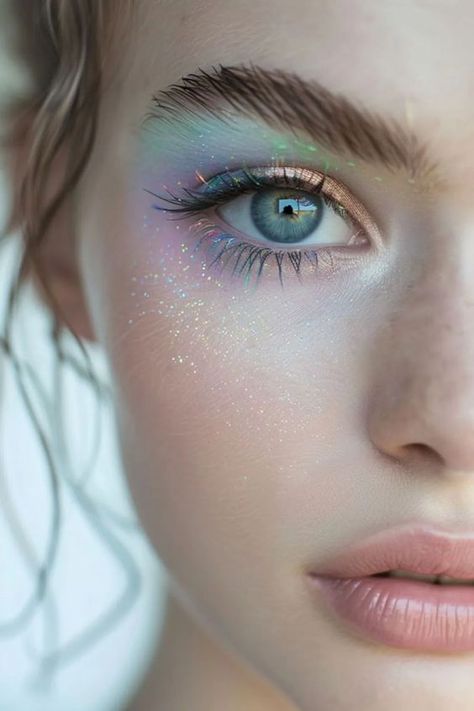 Enchanted Makeup Looks, Iridescent Makeup Looks, Iridescent Eye Makeup, Fairy Core Makeup, Fairytale Makeup, Fairy Eye Makeup, Mermaid Eye Makeup, Makeup Fantasi, Self Love Art