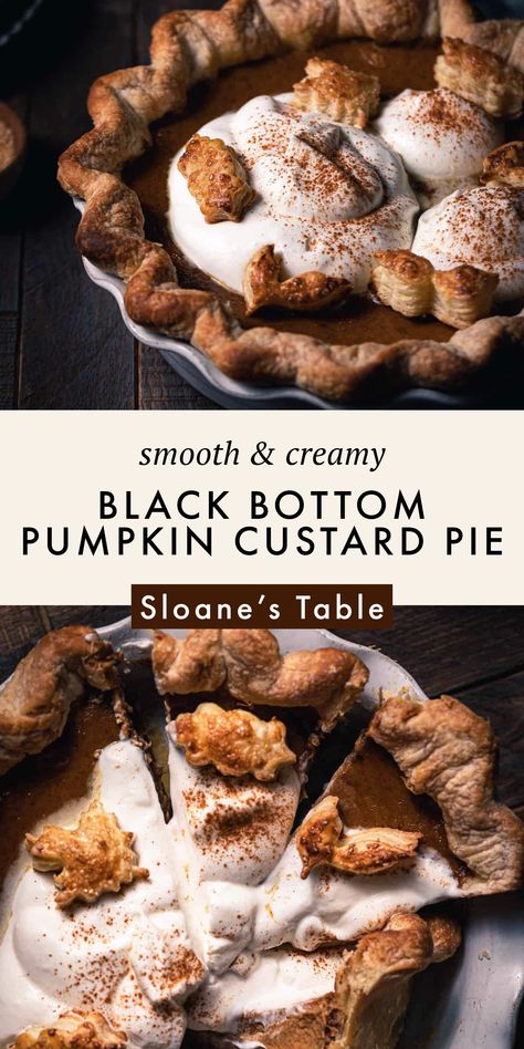 This black bottom pumpkin custard pie is the quintessential fall pie with a unique twist! Layered under the creamy pumpkin filling is a rich ganache! Elevated Pumpkin Pie, Unique Pumpkin Pie, Pumpkin Custard Pie, Pie Crust Leaves, 2024 Holidays, Making Pie Crust, Almond Butter Brownies, Pumpkin Filling, Unique Pies