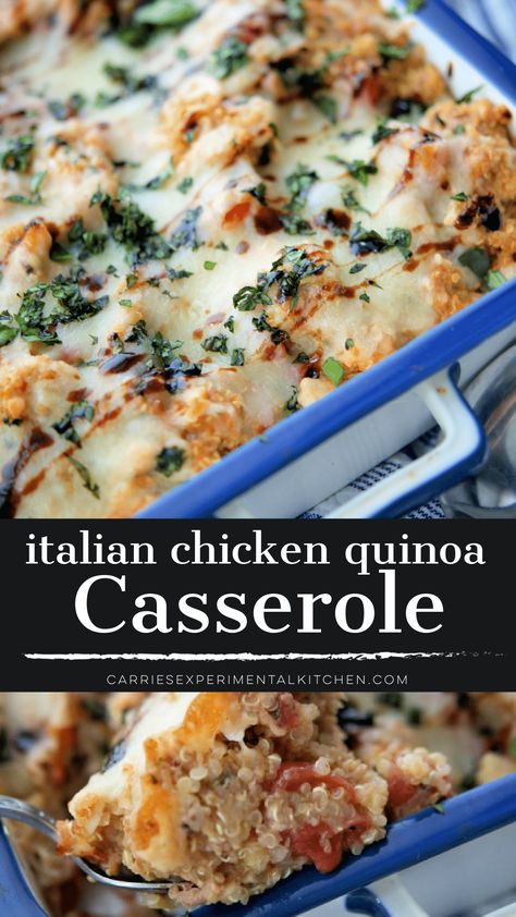 Italian Chicken Quinoa Casserole made with shredded chicken, nutty quinoa and fire roasted tomatoes; then topped with shredded Mozzarella cheese. Chicken Quinoa Casserole, Chicken Quinoa Recipes, Bbq Grilled Chicken Recipes, Baked Meals, Cheesy Chicken Recipes, Chicken And Quinoa, Chicken Casserole Recipes Healthy, Healthy Fried Chicken, Quinoa Casserole