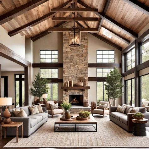 Mountain Lodge Home Decor, Rustic Modern House Interior, Mountain House Design Architecture, Modern Rustic Design Interiors, Nature Inspired Home Interior, Aspen Interior Design, Cozy Living Rooms With Color, Colorado House Interior, Chalet Living Room Ideas