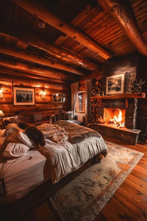 Interior Log Cabin, Winter Bedroom Ideas, Cozy Cabin Bedrooms, Cozy Winter Bedroom, Book Locations, Log Cabin Bedroom, Dnd Places, Rustic Bedrooms, Lodge Aesthetic