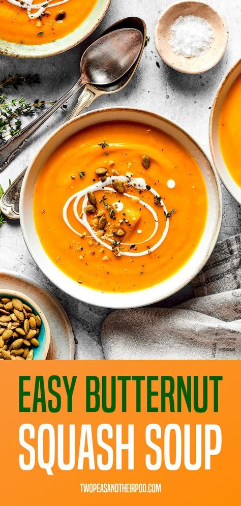 This easy, creamy butternut squash soup is made in the Instant Pot and is the perfect healthy meal for fall! You can also make it on the stove top or in the slow cooker. Easy Butternut Squash Recipes Soup, Easy Butternut Soup, Butternut Squash Soup Instant Pot, Squash Soup Instant Pot, Easy Squash Recipes, Easy Butternut Squash Soup, Spicy Butternut Squash Soup, Vegan Butternut Squash Soup, Easy Vegan Soup