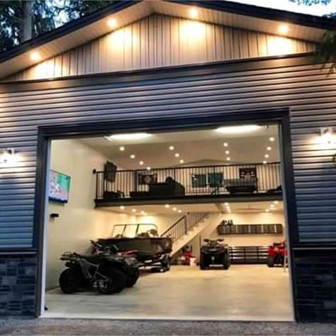 Atv Storage Ideas, Dirt Bike Garage, Garage Hangout Ideas, Atv Garage, Barn Man Cave, Garage Man Cave Ideas, Garage Hangout, Atv Storage, Spontaneous Adventures