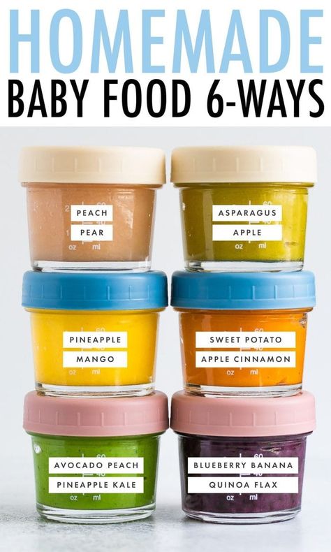 6 easy and tasty baby food combo recipes: Sweet Potato Apple, Asparagus Apple, Blueberry Banana Quinoa Flax, Peach Pear, Avocado Peach Pineapple Kale and Pineapple Mango. These homemade baby food recipes are great for stage 2! They are quick and easy to make, and perfect to freeze for later. #eatingbirdfood #babyfood #baby #babyrecipe #stage2 #stagetwo Pure Baby Food Recipes, Making Your Own Baby Food, Kale Baby Food Recipes, Freeze Dried Baby Food, Baby Food Recipes Stage 2, Baby Food Essentials, Stage 2 Baby Food Recipes, Baby Food Puree Combinations, Stage 1 Baby Food Recipes