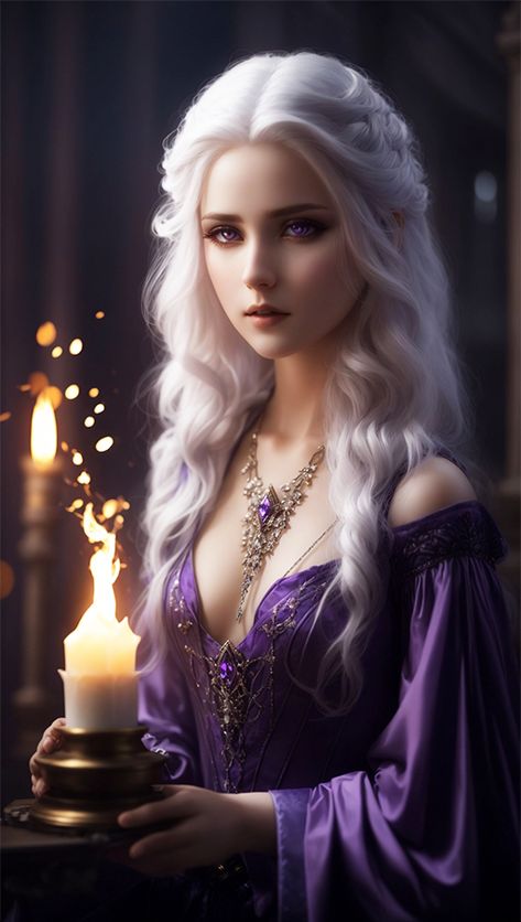 A young sorceress casting a potent spell with huge, melancholy eyes, pale white complexion highlighted by a purple garment, and white hair falling down her back. White Hair Purple Eyes Girl, Silver Hair Fantasy Art, Blonde Hair Purple Eyes, White Hair Purple Eyes, Sorceress Art, Elegant Purple Dresses, Girl With Purple Hair, Long Silver Hair, Hair Falling