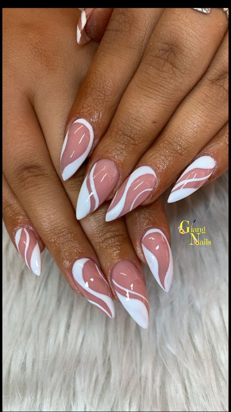 Almond Shape Nail Inspo 2024, Flirty Nails Designs, Nail Ideas White With Design, Nail Inspo White Design, Trendy Spring Nails 2024 Almond, Pretty Stiletto Nails, Almond Nail Designs Trending Now, Pink And White Almond Nails, White French Tips With Design