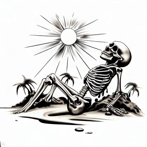 A skeleton basking in the sun on a deserted island, surrounded by palm trees and crystal-clear water, with a treasure chest at its side. Skeleton Cartoon, City Life Aesthetic, Pirate Skeleton, Halloween Art Projects, Skeleton Tattoo, Funny Car Decals, Women Skeleton, Basking In The Sun, Skeleton Drawings