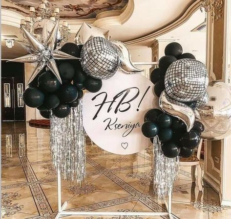 #event planning, #party ideas Glam Balloon Decorations, Disco Themed Balloon Garland, Star Balloon Backdrop, Indoor Party Setup, Disco Balloon Decor, Disco Balloon Garland, Disco Balloons, Deco Ballon, Disco Birthday Party