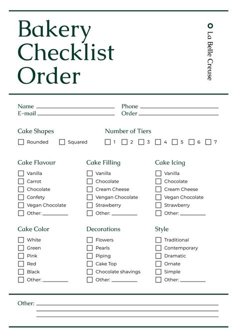 Elegant La Belle Creuse Bakery Order Checklist Home Bakery Checklist, Bakery Startup Checklist, How To Start An At Home Bakery Business, Bakery Start Up Small Businesses, Bakery Blueprint, Bakery Business Plan Template Free, Home Bakery Supplies, Trending Bakery Items, Home Bakery Business Plan