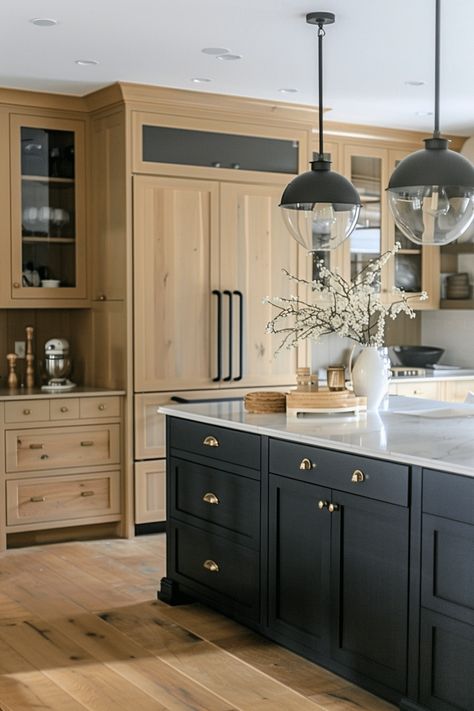 21 Gorgeous Kitchen Cabinet Ideas to Transform Your Space Kitchen Cabinet Stain Ideas, Wood Cabinets With Painted Island, Wood And Color Kitchen Cabinets, Rift Oak Kitchen Cabinets, Raw Wood Cabinets Kitchen, Wood Cabinets With Black Island, Stained And Painted Kitchen Cabinets, Wood And Black Kitchen Cabinets, Black Island Wood Cabinets