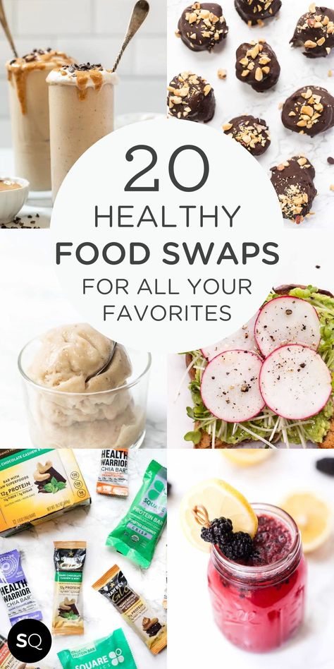 Whether you’re looking to make some changes in your diet or exploring new food ideas, here you’ll find original products and healthy alternatives to some of your favorite foods: snacks, sweets, drinks, condiments, and more! Try these healthier choices; you won’t regret it! 20 Healthy Food Swaps | Healthy Eating Ideas | Simply Quinoa Healthier Food Alternatives, How To Make Healthier Food Choices, Healthy Switches Food Swap, Healthier Food Choices, Homemade Food Swaps, Easy Healthy Food Swaps, Healthy Food Alternatives Clean Eating, Ultra Processed Food Swaps, Sweet Tooth Alternatives Healthy