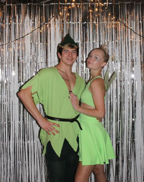 aesthetic • halloween • couples costume Peter Pan And Tinkerbell Costume Couple, Tinkerbell Peter Pan Costume, Tinker Bell And Peter Pan Costume, Peter Pan Tinkerbell Costume, Tinkerbell And Peter Pan Costume, Peter Pan Couple Costume, Tinkerbell And Peter Pan, Peter Pan Halloween, Halloween Couples Costume