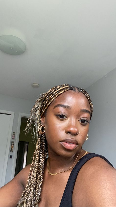 Box Braids With Highlights Black Women, Big Blonde Knotless Braids, Braid Colours For Dark Skin, Dark Skin Blonde Braids, Color 350 Knotless Braids, Blonde Braids Black Women Dark Skin, December Braids, Light Brown Braids, Normal Braids