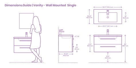 Modern wall mounted single bathroom vanities are simple solutions for a single bathroom typically found in one bedroom or studio apartments. With enough space to accommodate one person comfortably at a time, a single wall mounted vanity is an efficient and attractive solution for bathroom storage and regular use in situations where space is limited. Wall Hanging Vanity, Bathroom Furniture Dimensions, Vanity Dimensions Bathroom, Vanity Height Standard, Bathroom Sink Height, Bathroom Vanity Dimensions, Vanity Height, Narrow Bathroom Vanities, Pallet Deck Diy