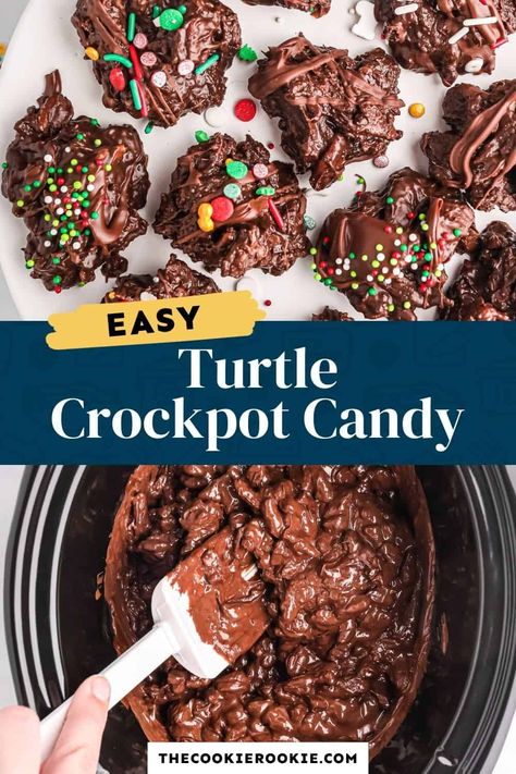 Super fun and cute to serve up for Christmas, this turtle candy is made in the crockpot for an effortless sweet treat! Chocolate and caramel covered pecans are topped with festive sprinkles for the perfect sweet snack. Crockpot Pecan Candy Recipes, Crock Pot Turtles Candy, Crockpot Turtles Candy, Easy Crockpot Turtles 12 Tomatoes, Crock Pot Turtle Candy, Easy Crockpot Turtles, Crockpot Turtles Pecan Candy, Crockpot Turtles, Turtle Candy Recipe