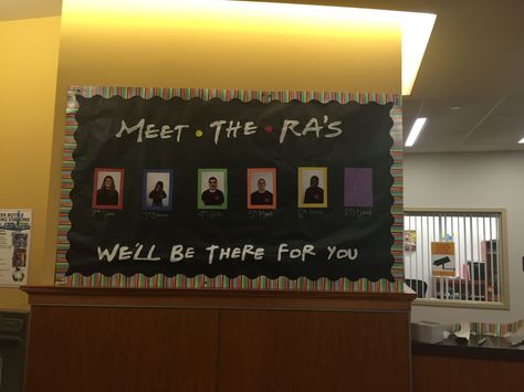 Spring semester meet the RAs board! Meet Your Ras Bulletin Board, Meet The Team Bulletin Board, Team Bulletin Board, Ra Activities, Friends Bulletin Board, Dorm Bulletin Boards, Ra Decorations, Ra Inspiration, Resident Assistant Bulletin Boards