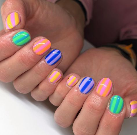 Easy Colorful Nail Designs, Funky Nail Inspo Short, Fun Pattern Nails, Danish Nails, Super Short Nail Ideas, Colourful Nail Ideas, Stripe Nail Designs, Fun Short Nails, Subtle Pride Nails