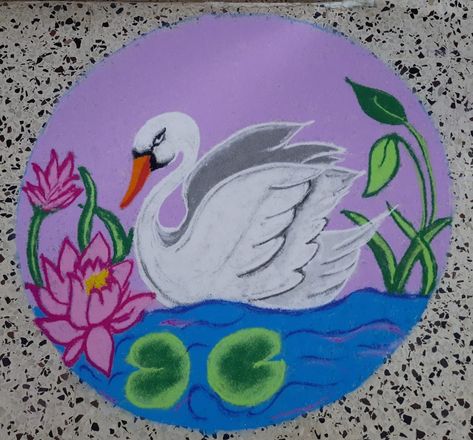 Swan Rangoli, Diwali Painting, Rangoli Designs Easy, 3d Rangoli, Very Easy Rangoli Designs, Rangoli Designs Simple Diwali, School Board Decoration, Terracotta Jewellery Designs, Bunny Images