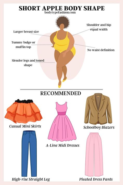 How to Dress the Short Apple Body Shape - Fashion for Your Body Type How To Dress Your Proportions, How To Dress Apple Shape, Apple Body Shape Clothes, Apple Body Shape Fashion, Apple Body Shape Outfits, Apple Shape Fashion, Apple Body Shape, Apple Body Type, Apple Shape Outfits