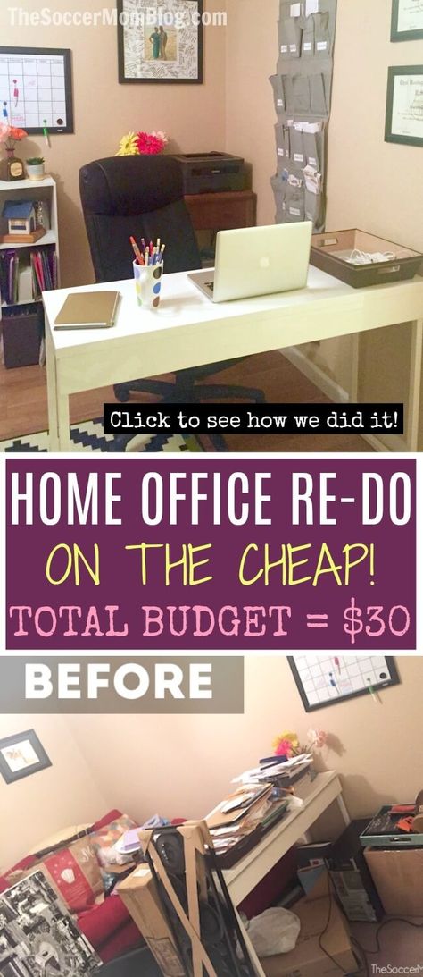 Must-see GENIUS home office organization hacks - a total room makeover for under $30! How we tackled the clutter and created a system to stay organized on a shoestring budget (and you can too!) Office Organization Hacks, Small Office Organization, Cheap Home Office, Home Office Design On A Budget, Diy Office Organization, Office Organization Tips, Shoestring Budget, Office Organization At Work, Organization Home