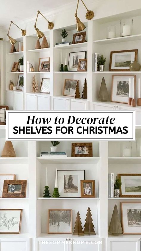 Get inspired with our Christmas Bookshelf Styling Ideas and easily copy these Wall Shelves Christmas Decor concepts. Discover Winter Bookshelf Styling and Xmas Shelf Decorations that add a touch of holiday magic to any space with style and simplicity. Christmas Bookcase Decorating Ideas, Styling Christmas Shelves, Christmas Bookshelf Decorating Ideas, How To Decorate Shelves For Christmas, Bookshelf Christmas Decor, Winter Bookshelf, Shelves Christmas Decor, Christmas Shelf Styling, Christmas Bookshelf Decor