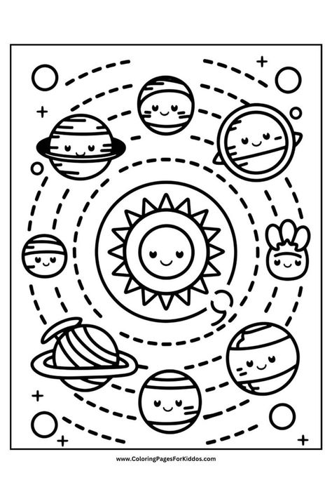 Complete solar system scene coloring page featuring the Sun, Earth, and other planets with cheerful faces on a starry background. Space Coloring Sheet, Printable Solar System, Solar System Coloring Pages, Coloring Activity, The Solar System, Color Activities, Coloring Sheets, Page Design, Solar System