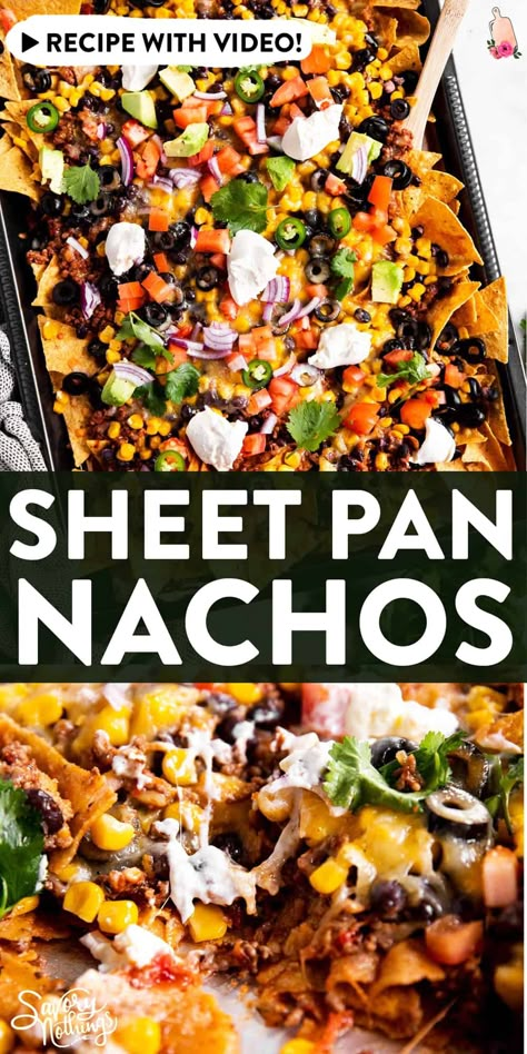 Are you ready for the big game? These Sheet Pan Nachos are positively loaded with beef, cheese, salsa, olives and more! They are so easy to pull together in just 15 minutes and make for a total crowd pleaser. | #sheetpan #nachos #biggame #gameday #gamedayfood #gamedaysnacks #fingerfood #footballfood #footballsnacks #footballparty Sheet Pan Nachos Damn Delicious, Best Sheet Pan Nachos, Pan Sheet Nachos, Beef Nacho Bake, Nacho Sheet Pan Dinner, Easy Nacho Recipes Simple, One Pan Nachos, Make Your Own Nachos, Nacho Platter Party