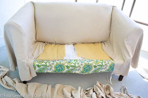 How to reupholster a couch in just 2 hours! No-Sew! #DIY: I should really try this!! Reholposter Couch Diy, How To Cover A Chair With Fabric No Sew, How To Recover A Couch Diy, No Sew Slipcover Couch, Recover Sofa Diy, Recover Couch Diy, Sofa Reupholstery Diy, How To Reapolstering Couch Diy, How To Recover A Couch