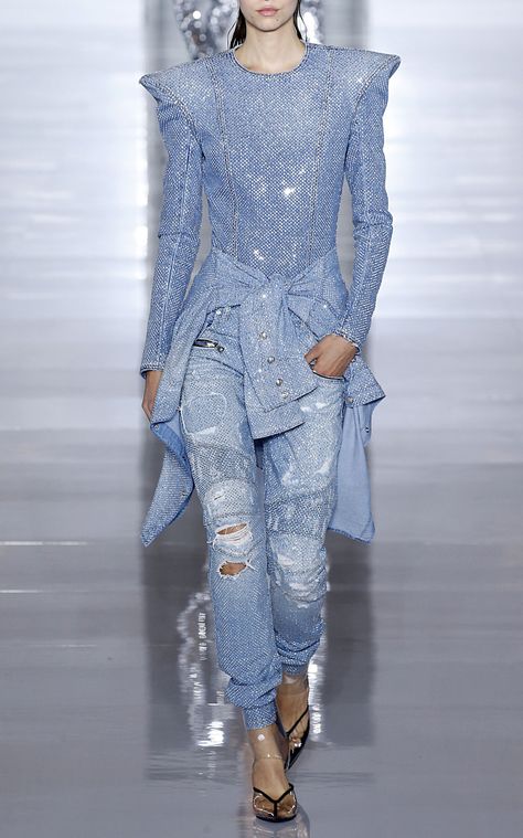 Long-Sleeve Strass Denim Top by BALMAIN for Preorder on Moda Operandi Balmain Biker Jeans, Balmain Denim, Punk Street Style, Rhinestone Outfit, Balmain Fashion, Balmain Collection, Alice Wonderland, Denim Fashion Women, Denim Ideas