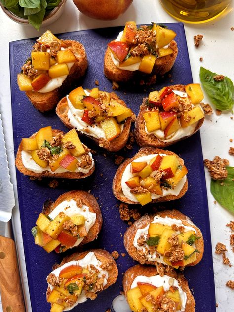 This Peach Bruschetta with Whipped Ricotta Crostini is the ultimate summer appetizer. Ready in under 10 minutes and easy to make. Peach Bruschetta, Ricotta Crostini, Tiny Bites, Bruschetta Toppings, Whipped Ricotta, Healthy Entrees, Crostini Recipes, Bite Size Appetizers, Bruschetta Recipe