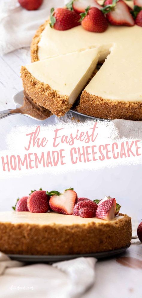 My favorite Homemade Cheesecake Recipe is this super simple one made from scratch and filled with the best ingredients. It’s an easy cheesecake because this recipe is made without a water bath, it doesn’t crack, and it only has a few ingredients (you don’t need a lot for the best cheesecake recipe in the world!). Easy Homemade Cheesecake, Easy Cheesecake Recipe, Recipes Deserts, Homemade Cheesecake Recipes, Easy Strawberry Cheesecake, Pierogi Recipe, Cheesecake Recipes Classic, Cheesecake Toppings, Kids Baking