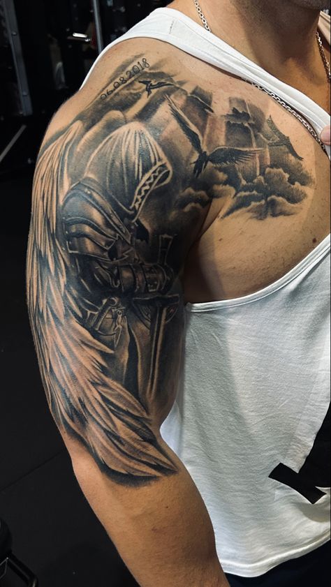 Angle Tattoo For Men, Angel Tattoo Ideas, Upper Shoulder Tattoo, Warrior Tattoo Sleeve, Front Shoulder Tattoos, Soldier Tattoo, Spartan Tattoo, Men Tattoos Arm Sleeve, Mens Shoulder Tattoo