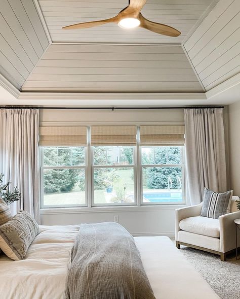 The coolest elevated tray ceiling! One of my favorite bedroom projects from a while back. This was a normal tall tray ceiling that Jeff… | Instagram Tray Ceiling Remodel, Trayed Ceiling Ideas Bedroom, Tray Ceiling Wood Planks, Vaulted Tray Ceiling Bedroom, Primary Bedroom Tray Ceiling, Vaulted Master Ceiling, Vault Ceiling Bedroom, Trey Ceiling With Beams, Wood Plank Ceiling Bedroom