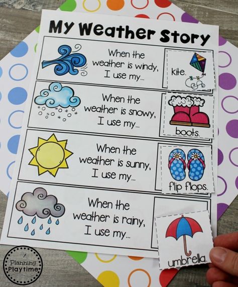 Kindergarten Writing Worksheets - Story Patterns #planningplaytime #kindergarten #kindergartenwriting #storypatterns Weather Lesson Plans Kindergarten, Severe Weather Activities For Kindergarten, Weather Activity Kindergarten, Teaching Weather Kindergarten, Weather Writing Kindergarten, Kindergarten Story Activities, Weather Patterns Kindergarten, Preschool Weather Unit, Weather Lessons For Kindergarten