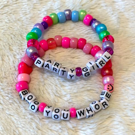 Handmade Word Kandi Rave Bracelets -This Listing Is For The 2 Bracelets Pictured Above. Handmade With One Size Fits Most Stretchy Cord Unique And Fun For Your Next Rave Or Festival! Check Out My Closet For More Kandi Goodies, And Create Your Own Personalized Bundle For The Best Deal! Edm Edc Raver Mean Girls Barbiecore Party Kandi Bracelets Jewelry Beads Plur Glitter Outfit Accessories Rainbow Y2k 90s Neon Trippy Mushroom Rave Candy Bracelets Edm, Bottle Tab Bracelet, Matching Rubber Band Bracelets, Candy Rave Bracelets, Raver Bracelets, Plur Bracelets Kandi, Kandi Braclet Ideas, Pride Kandi Bracelets, Kandi Collar