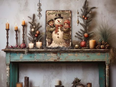 Victorian Christmas Decor - Primitive Vintage Style Metal Art Sign Mantle Decoration Farmhouse Rustic Indoor Outdoor Door Porch Snowman Kids Rustic Christmas Mantle Decor, Antique Modern Decor, Porch Snowman, Victorian Christmas Decor, Rustic Christmas Mantle, Primitive Christmas Decorating Ideas, Vintage Christmas Display, Colonial Primitive Decor, American Colonial Style