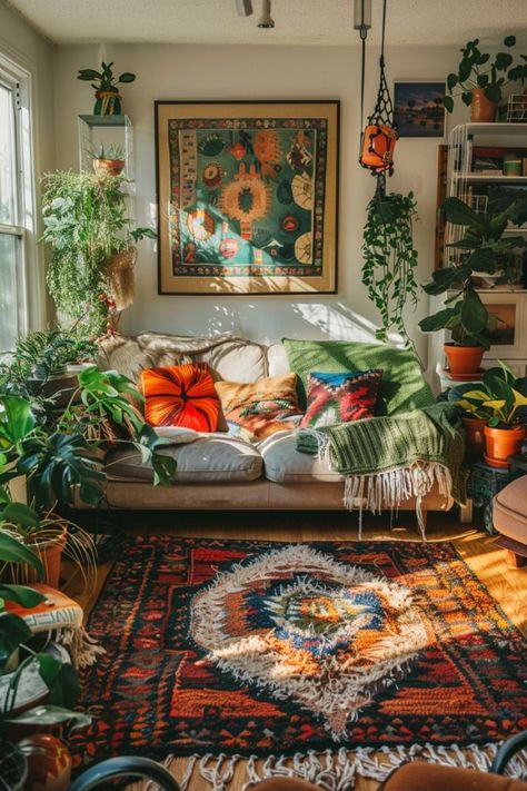 Bright Vintage Living Room, Boho Art Room Ideas, Retro Boho Decor, Boho Eclectic Living Room Ideas, Small Boho Living Room Ideas, Hippy Living Room, Bright Cozy Living Room, Bohemian Wall Colors, Bright Boho Living Room