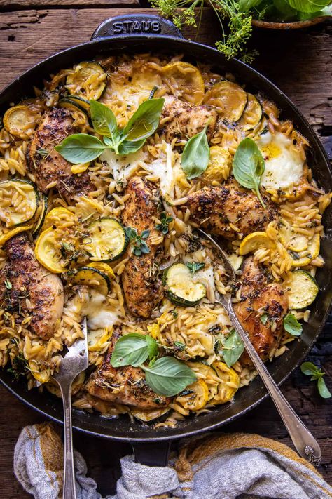 Skillet Garlic Butter Chicken and Zucchini Orzo | halfbakedhavrvest.com Half Baked Chicken Orzo, Half Baked Harvest Chicken Zucchini, Half Baked Harvest Chicken, Orzo Zucchini, Zucchini Orzo, Harvest Garlic, Chicken And Zucchini, Orzo Recipe, Half Baked Harvest Recipes