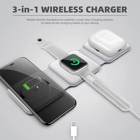 3 in 1 charger pad Charge your iPhone, Apple Watch, and AirPods all at once with this versatile 3-in-1 wireless charger! It offers 15W fast charging for various devices, features an adjustable design for convenient viewing, and is Qi-certified for safety. Enjoy hassle-free charging through cases up to 5mm thick—perfect for decluttering your space! #uaelife #UAEShopping #UAEGadgets #DubaiTech #AbuDhabi #UAEWirelessCharger #TechInUAE #GadgetsUAE #SmartHomeUAE#WirelessCharger #3in1Charger #Fast... Apple Watch And Airpods, 3 In 1 Wireless Charger, Phone Apple, Apple Watch Iphone, Wireless Charging Station, Watch Charger, Charging Pad, Wireless Charging Pad, Usb Drive