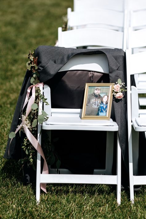 #weddingideas #wedding #memorial #inmemoryof #reserved #weddingplanning #fatheranddaughter #fatherofthebrideattire #eucalyptus #whitechair #outdoorphotography #outdoorwedding #pictureframecraft #picture #suit Memorial Chair Wedding, Empty Seat For Loved One Wedding, Wedding Seats For Passed Loved Ones, Wedding Chair For Lost Loved One, Passed Loved Ones Wedding Seat, Remembering Loved Ones Passed Wedding Chair, Memorial Chair At Wedding, Reserved Memorial Chair At Wedding, Wedding Memorial Ideas Dad