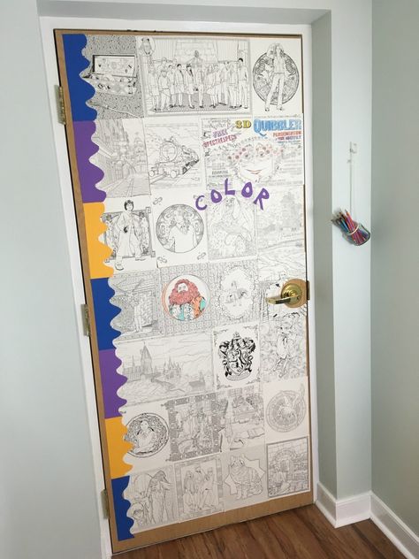 Want to create a fun and easy classroom door? This idea is interactive because it encourages students to color the door throughout the year! Contact Paper Classroom Door, Teachers Lounge Door Decor, Classroom Door Vinyl Ideas, Classroom Door Sayings, Classroom Door Quotes Vinyl, Hacks To Try, Teaching Hacks, Small Bathroom Diy, Bedroom Closet Doors