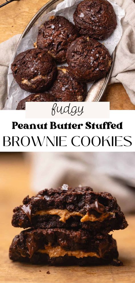 These peanut butter brownie cookies are ultra fudgy and filled with peanut butter. As they bake, the peanut butter ripples out, creating a beautiful marbled pattern inside! With cocoa powder and melted chocolate, these are the ultimate cookies for peanut butter and chocolate lovers alike! Stuffed Brownie Cookies, Brownie Peanut Butter Cookies, Chocolate And Peanut Butter Cookies, Peanut Butter Chocolate Desserts, Peanut Butter Brownie Cookies, Chocolate Dessert Ideas, Brownie Peanut Butter, Peanut Brownies, Peanut Butter Brownie