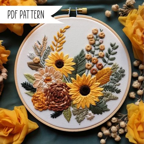 Sunflower Pretty Embroidery Challenge, Pretty Embroidery Patterns, Pdf Pattern Embroidery, Embroidery Pattern Floral, Sunflower Embroidery, Pdf Embroidery Pattern, Miniature Embroidery, Digital Embroidery Patterns, Pattern Template