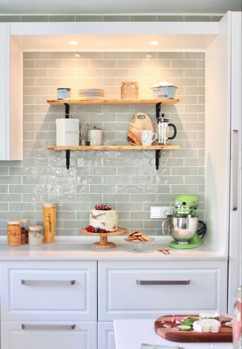 Pale Green Tiles Kitchen, Backsplash Kitchen Small Space, White Kitchen Light Green Backsplash, Sage Kitchen Splashback, Pale Green Backsplash, Light Green Subway Tile Kitchen, Green Kitchen Tiles Backsplash Farmhouse, White Kitchen With Sage Accents, White Kitchen Sage Backsplash