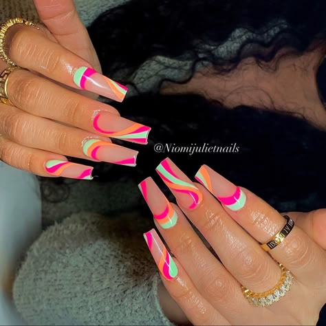 Abstract nail art Pink And Orange Abstract Nails, Mint Green And Orange Nails, Pink Mint Nails, Neon Mint Green Nails, Long Abstract Nails, Pink Orange And Green Nails, Pink Orange Green Nails, Nail Designs Pink And Orange, Orange And Green Nails Acrylic