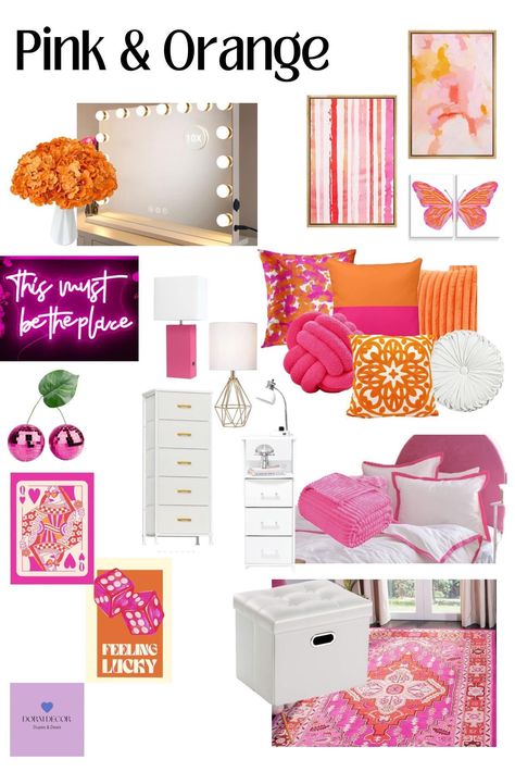 Hot Pink And Orange Bedroom, Sorority Room Decor, Orange Dorm Room Ideas, Hot Pink Dorm Room, Light Pink Dorm Room, Pink And Orange Dorm Room, Dorm Room Ideas Pink, Dorm Blue, Spring Apartment