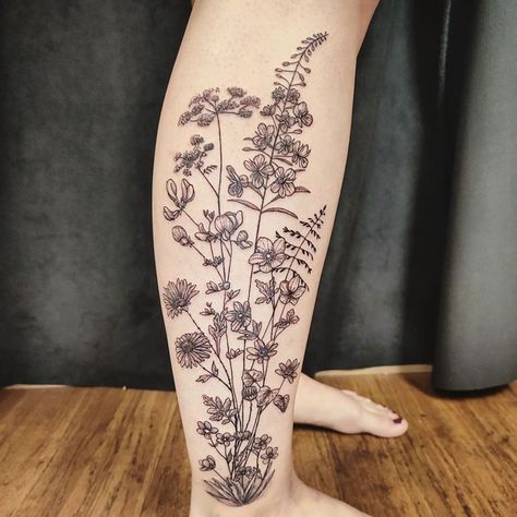 All The Flowers Of Her Childhood Floral Calf Tattoos For Women, Lower Leg Flower Tattoo, Leg Tattoos Women Calf, Calf Flower Tattoo, Back Calf Tattoos For Women, Side Of Calf Tattoo, Flower Calf Tattoo, Back Of Calf Tattoo, Leg Flower Tattoo