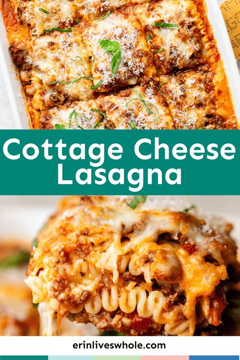 Cottage Cheese Lasagna is a high protein recipe made with ground beef, turkey sausage, diced tomatoes, marinara, and more! Easy to make, everyone will love the taste of this dish that features a 3 cheese layer in every bite. Healthy Beef Lasagna, Lasagna High Protein, Lasagne Cottage Cheese, Meals Using Cottage Cheese, Lasagna Cottage Cheese Recipe, Easy Healthy Lasagna Recipe, Lasagna Made With Cottage Cheese, Best Lasagna Recipe With Cottage Cheese, Lasagna Recipe With Ricotta And Cottage