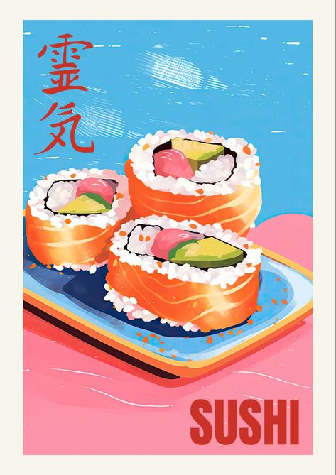 Sushi Wall Art, Sushi Aesthetic Art, Sushi Illustration Graphics, Japan Food Poster, Sushi Graphic Design, Illustration Art Food, Sushi Painting, Japanese Snacks Packaging, Brand Posters