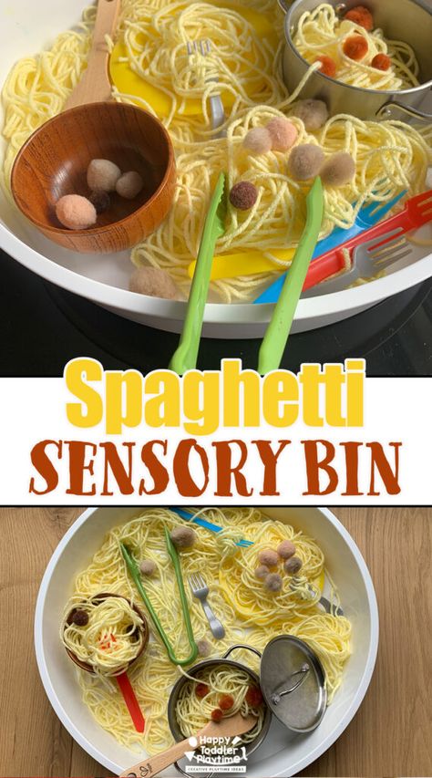 Spaghetti Sensory Bin for Toddlers and Preschoolers - Happy Toddler Playtime Cute Sensory Bin, Grocery Sensory Bin, Toddler Thanksgiving Sensory Bin, Honey Sensory Bin, Preschool Tabletop Activities, Easy Table Activities For Preschool, Big Sensory Bin Ideas, Sensory Bin For 2 Year, Sensory Bin Supplies